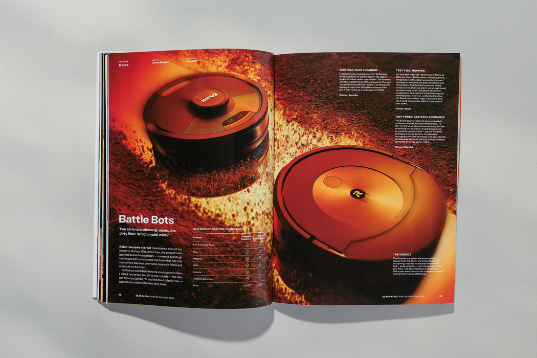 spread of gear patrol magazine showing two robo vacs and the text, battle bots