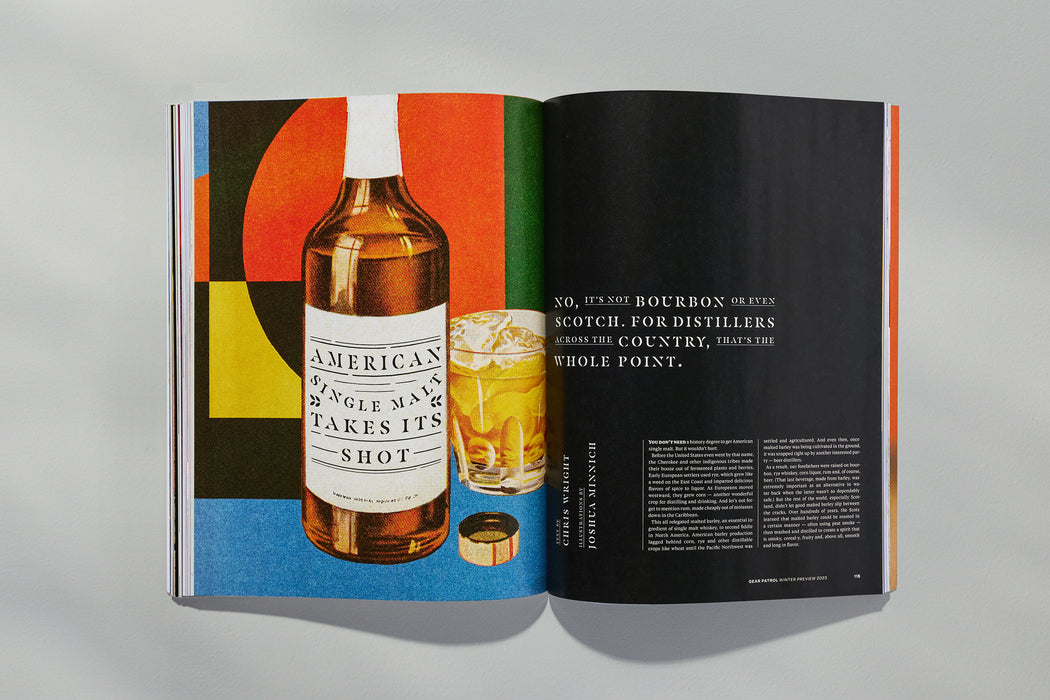 spread from gear patrol magazine featuring an illustration of a single malt bourbon