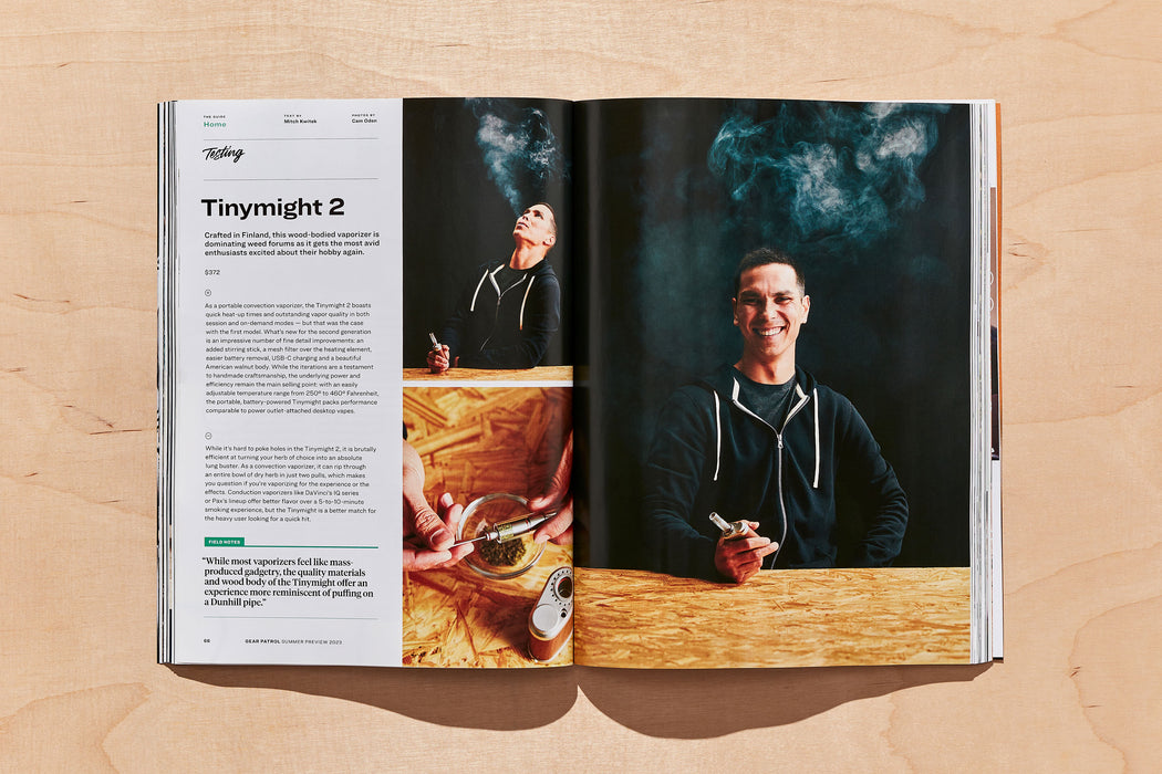 spread from gear patrol magazine issue twenty with photos of man smoking a wood vaporizer