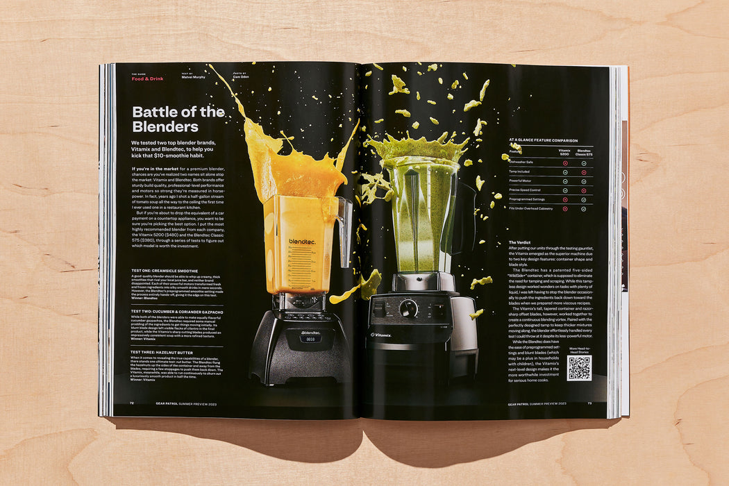 spread from gear patrol magazine issue twenty with photo of two blenders