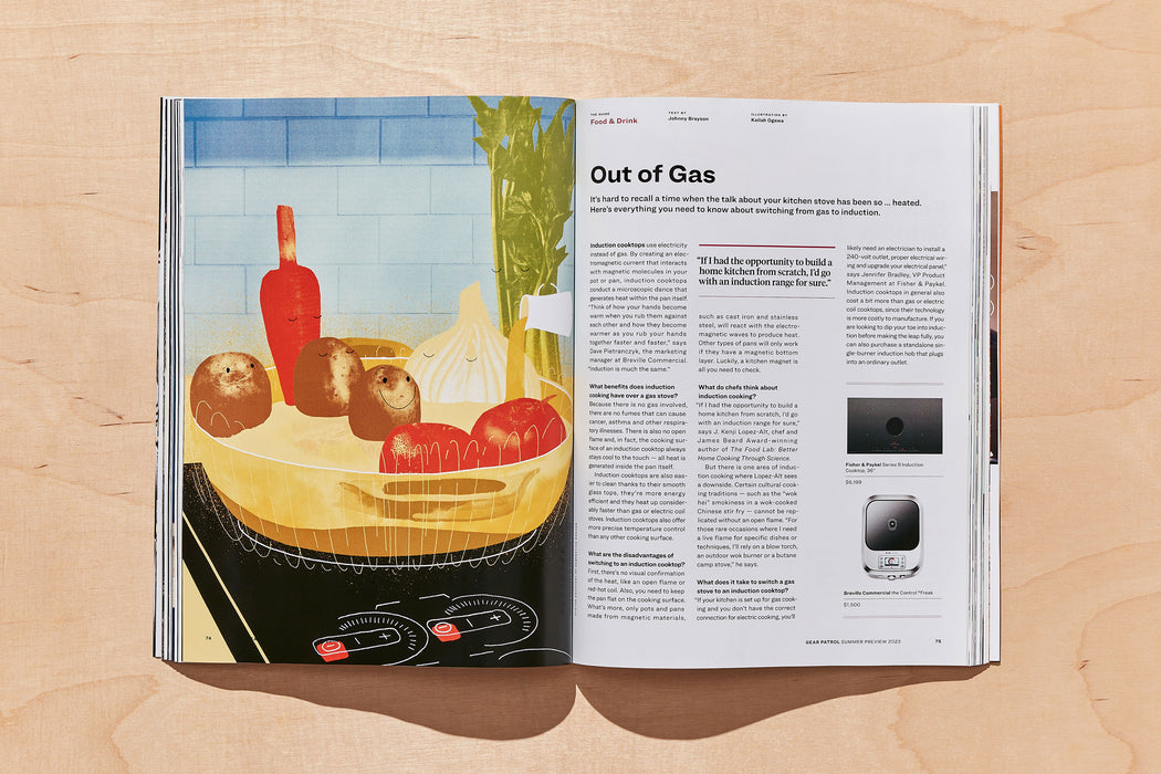 spread from gear patrol magazine issue twenty with illustrative drawing of electric stove with pot full of vegetables