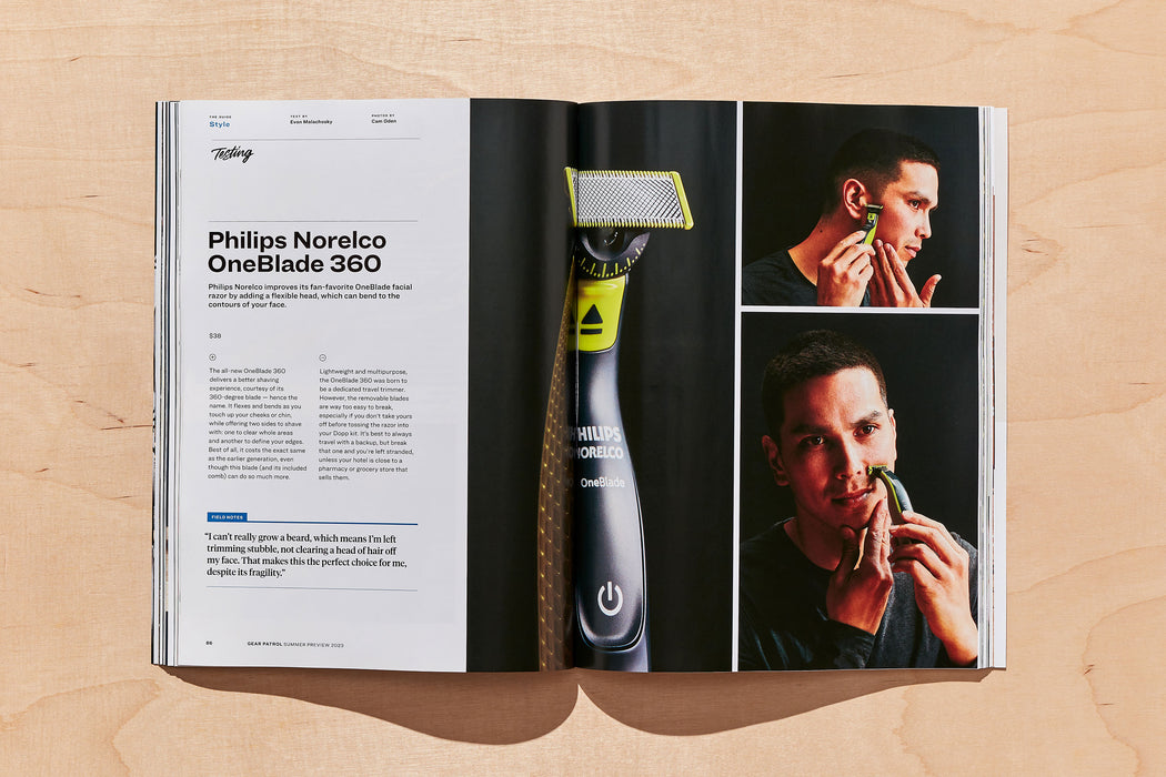 spread from gear patrol magazine issue twenty with photos of man using razor blade