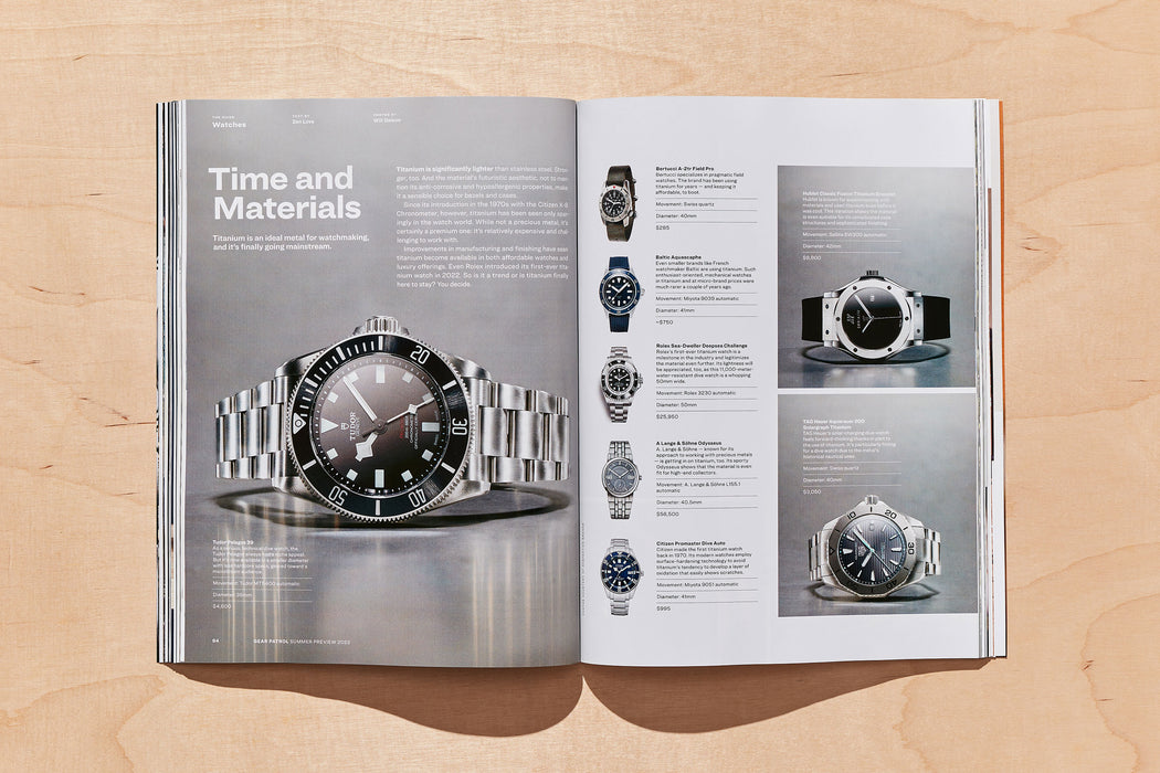 spread from gear patrol magazine issue twenty with photos of various watches