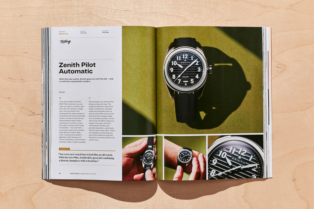 spread from gear patrol magazine issue twenty with photos of various watches