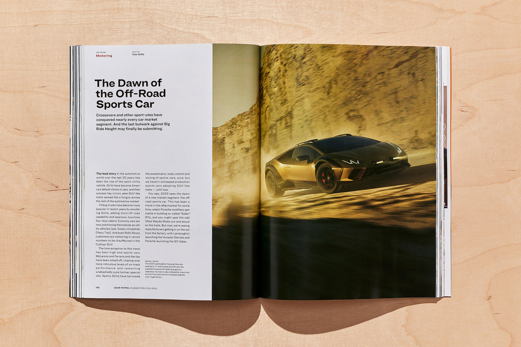 spread from gear patrol magazine issue twenty with photo sports car in motion