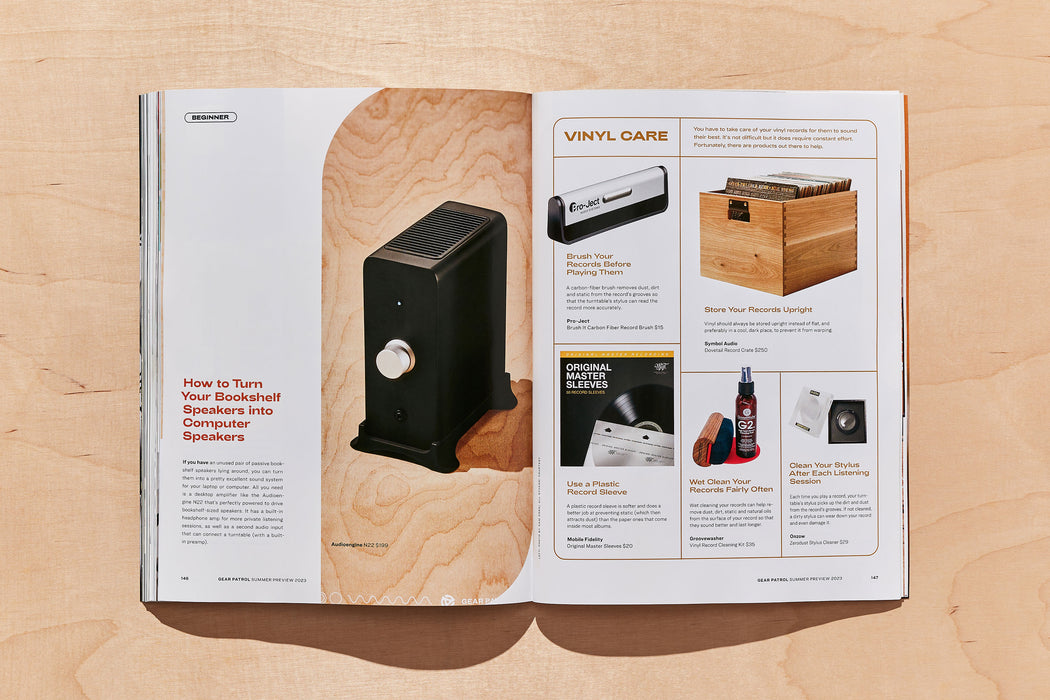 spread from gear patrol magazine issue twenty with photos vinyl care resources