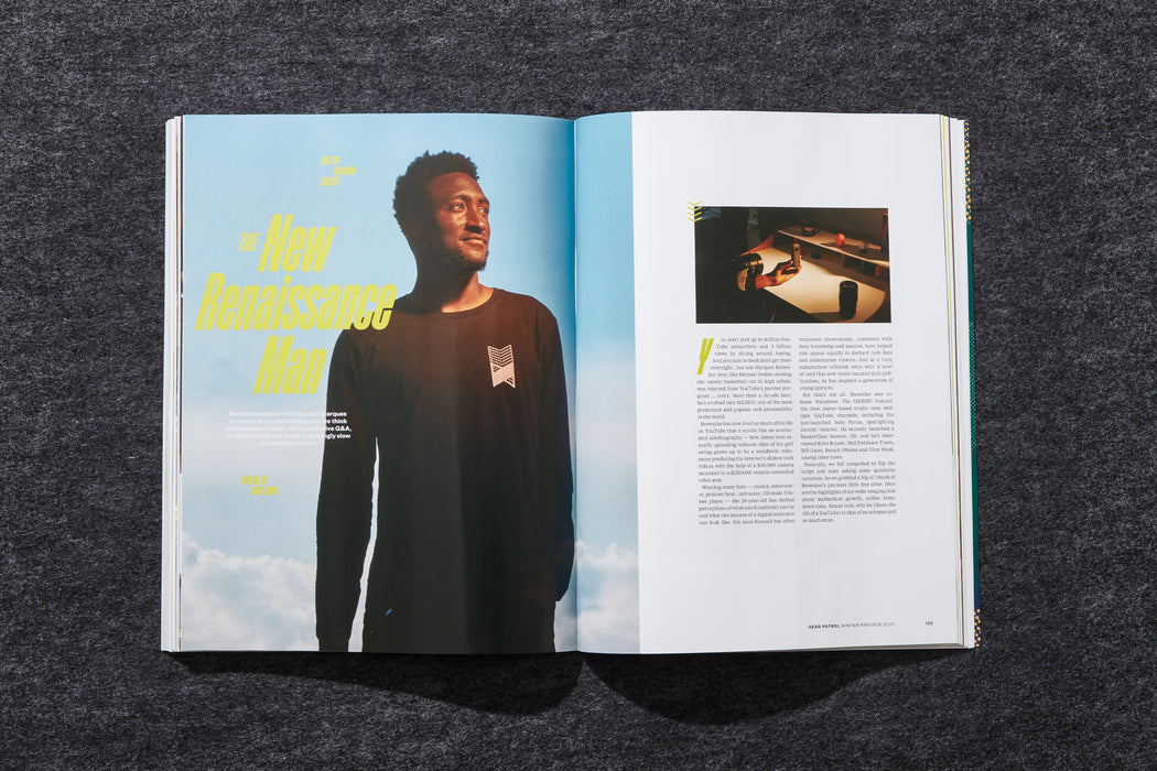 spread from gear patrol magazine issue nineteen with a photo of marques brownlee