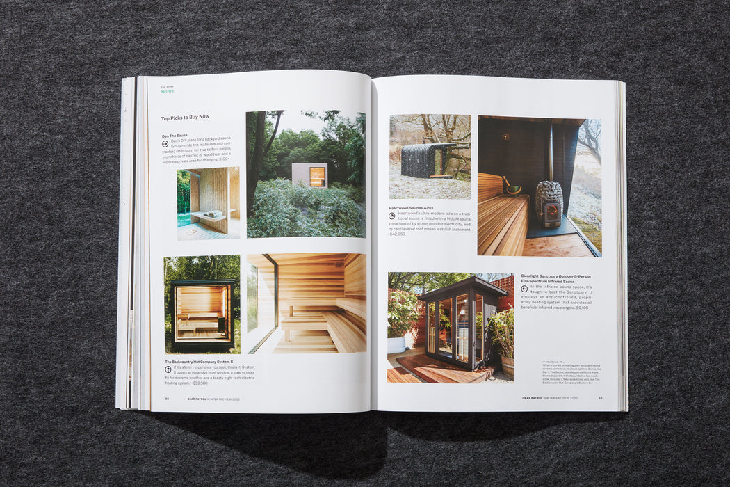 spread from gear patrol magazine issue nineteen with photos of different backyard saunas