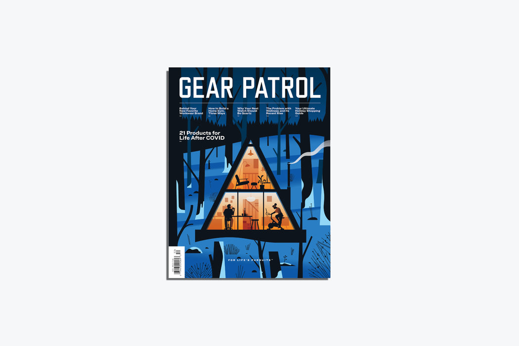 Gear Patrol Magazine, Issue Fourteen - cover shows illustration of an a-frame cabin in snowy woods