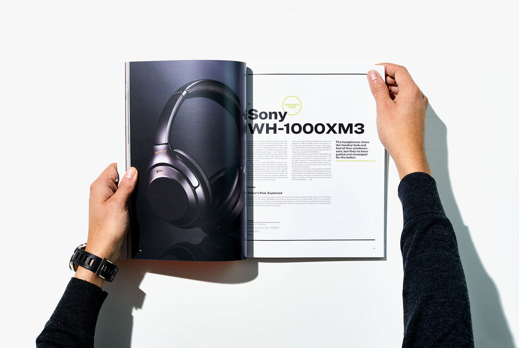 Gear Patrol Magazine, Issue Eight - Open to Spread showing Sony headphones on a black background
