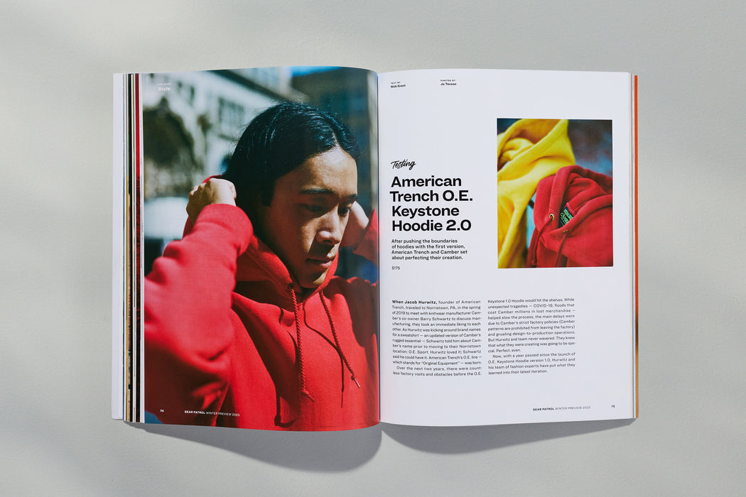 spread from gear patrol magazine showing a person wearing a red hoodie on one side, and a write-up on the hoodie on the other side