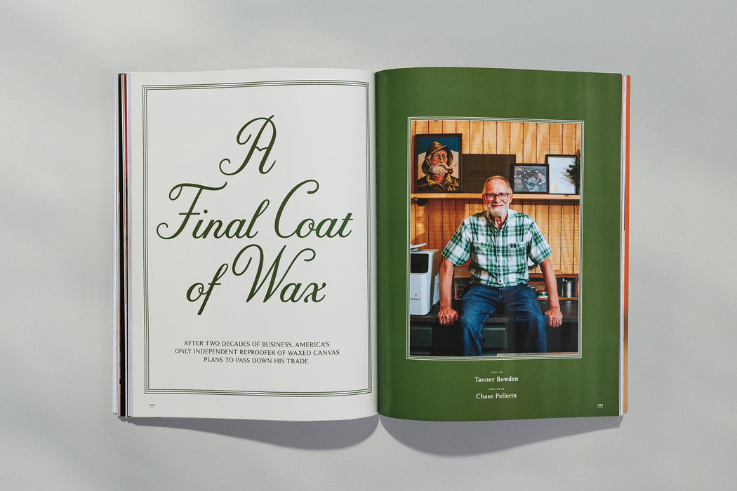 spread from gear patrol magazine featuring the text "a final coat of wax" alongside a portrait of a man