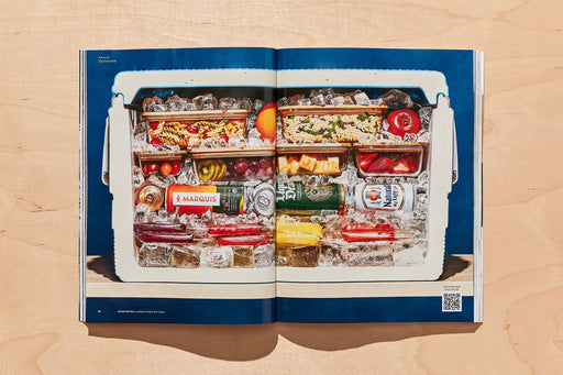 spread from gear patrol magazine issue twenty page, inside of a cooler with various tupperware containers full of food, ice, and canned beverages