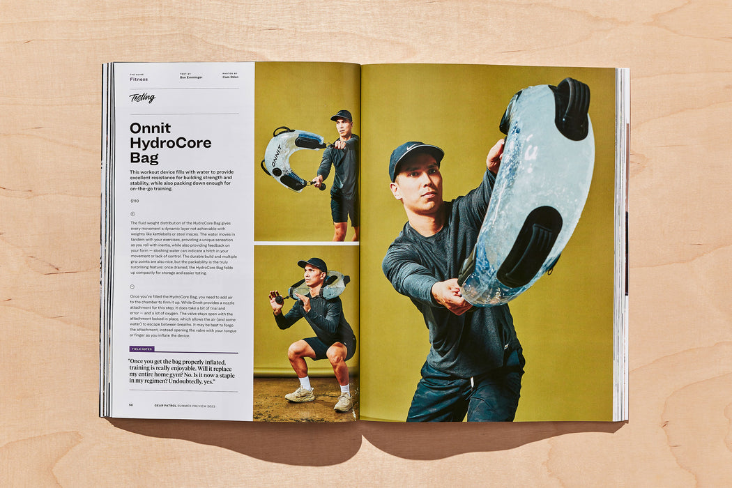 spread from gear patrol magazine issue twenty with photos of man doing various exercises with piece of workout equipment