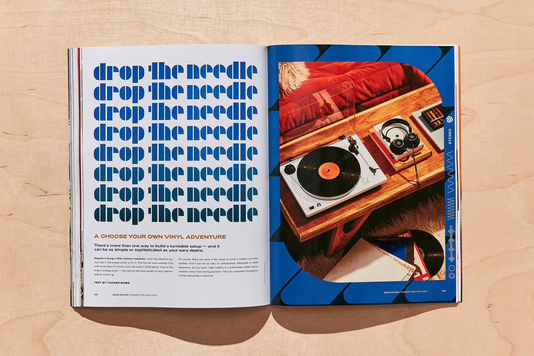spread from gear patrol magazine issue twenty with photo of record player and headphones