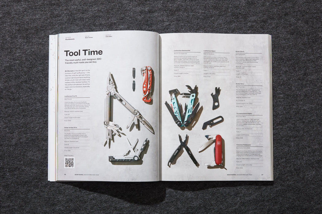 spread from gear patrol magazine issue nineteen page with various multitools laying on a flat surface