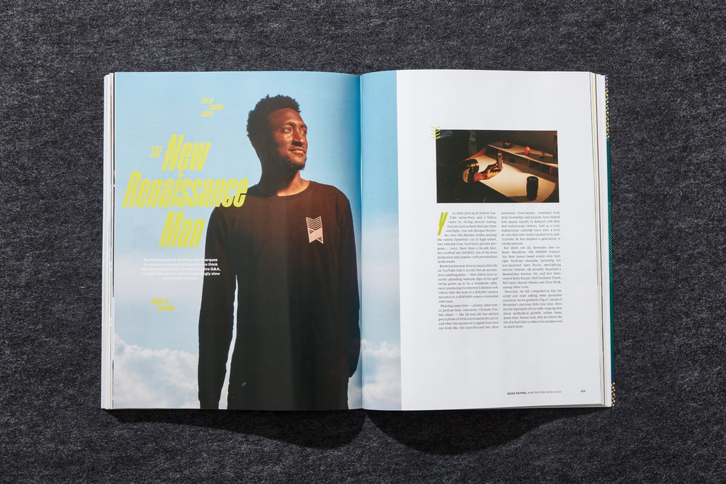spread from gear patrol magazine issue nineteen with a photo of marques brownlee 