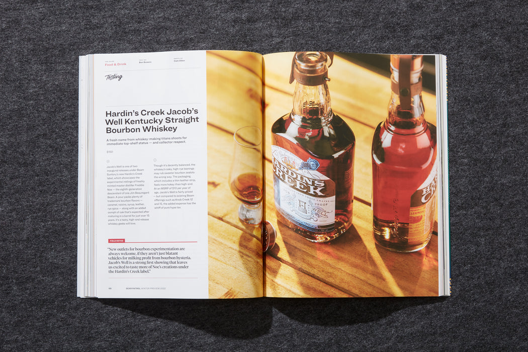 spread from gear patrol magazine issue nineteen with photos of whiskey and an excerpt from a story