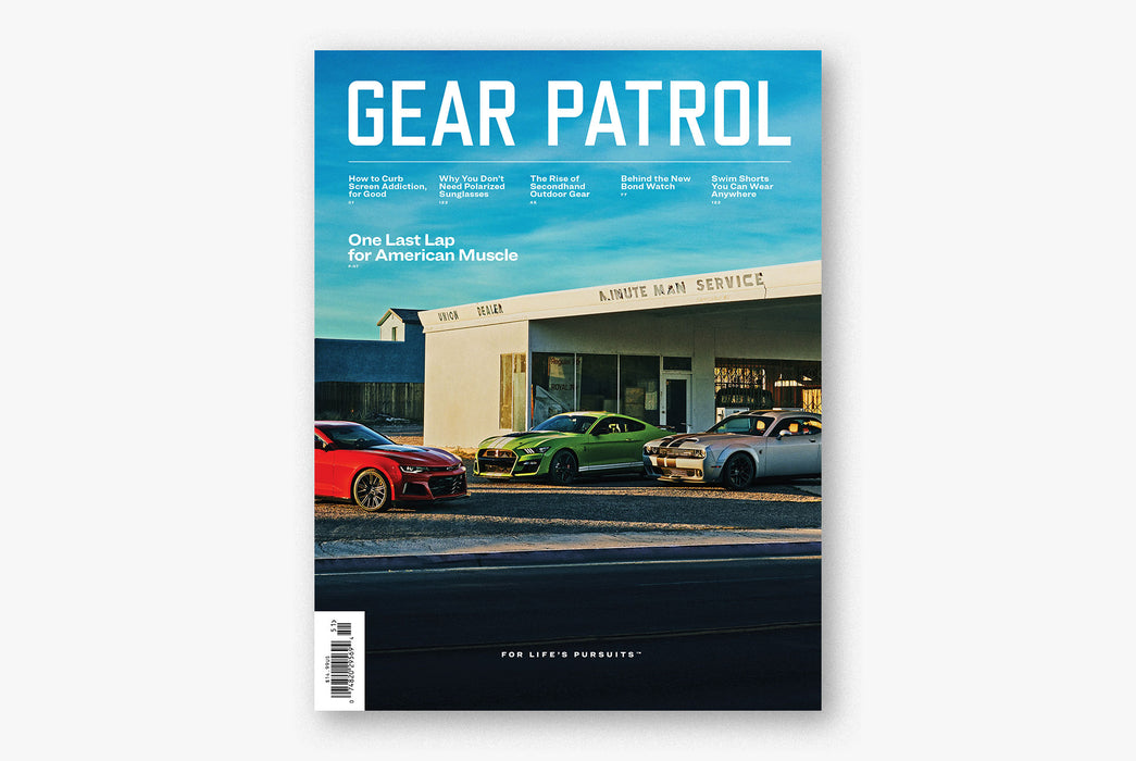 Gear Patrol Magazine - copy of Issue Thirteen, showing three muscle cars in front of a blue sky