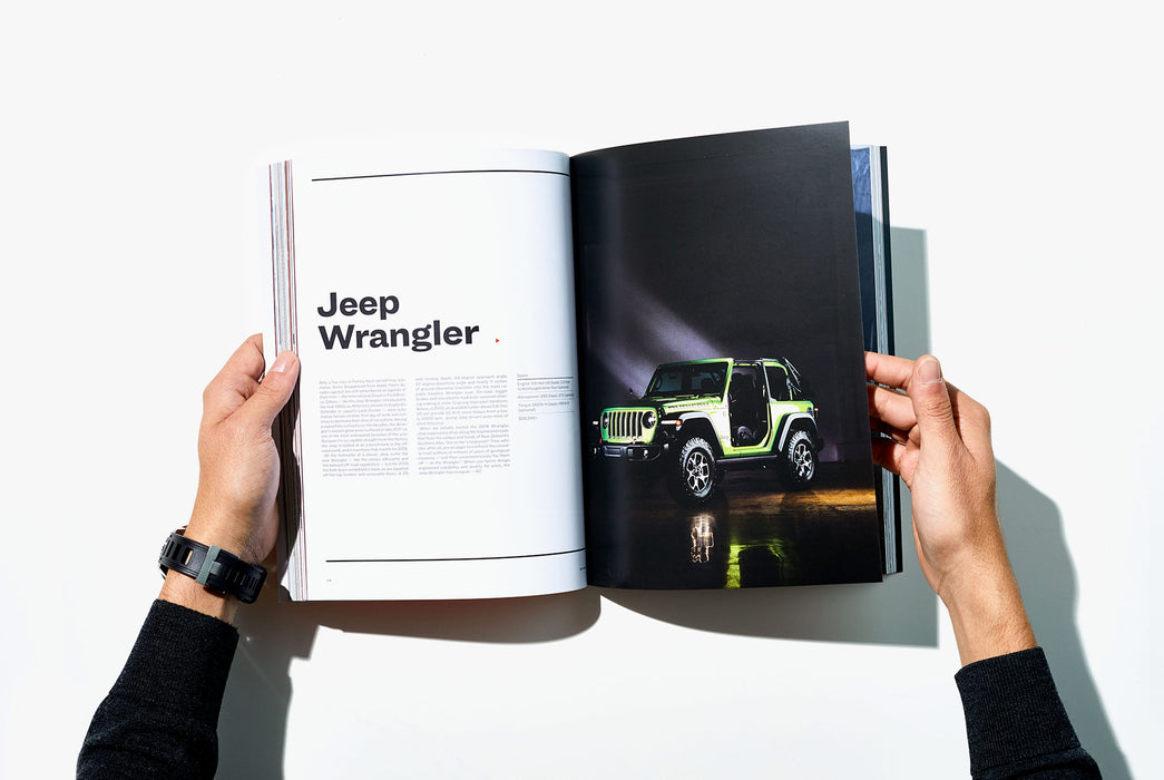 Gear Patrol Magazine, Issue Eight - Open to Spread showing a green Jeep Wrangler with a black background