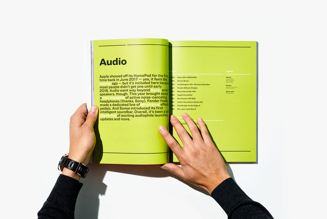 Gear Patrol Magazine, Issue Eight - Open to Spread showing the beginning of the Audio section with graphics on a green background