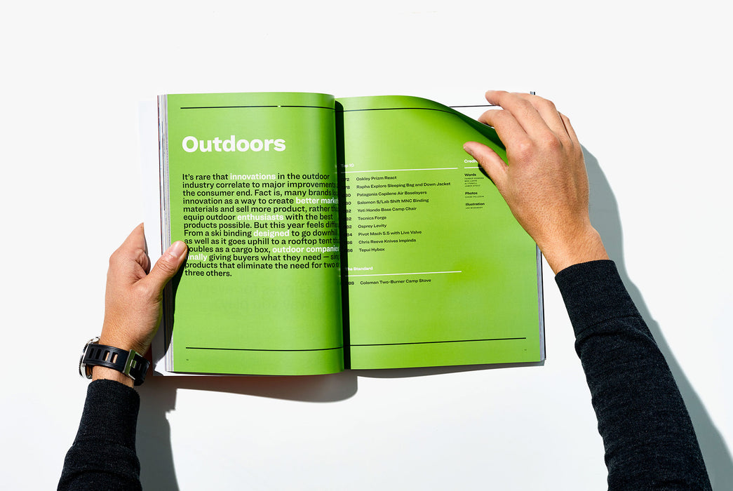 Gear Patrol Magazine, Issue Eight - Open to Spread showing Outdoors section with graphics on green background